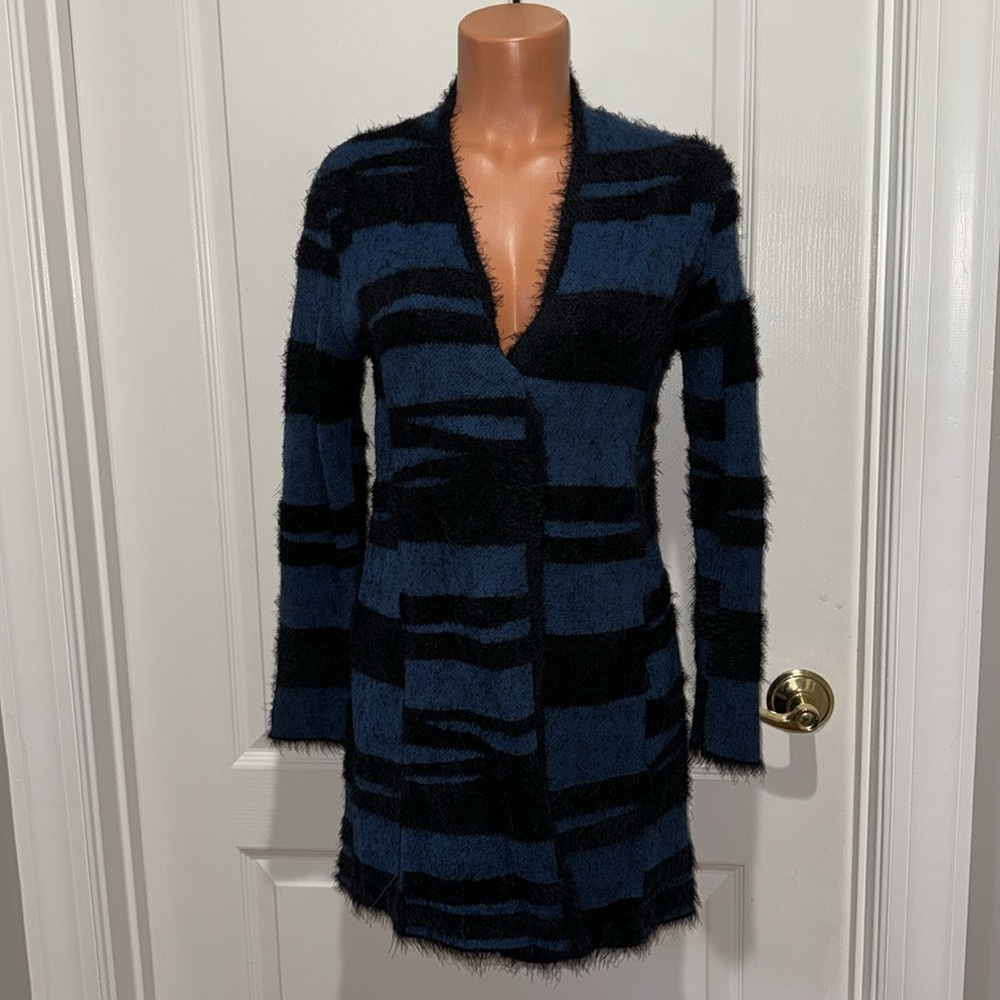 ALFANI Eyelash Trim Open Cardigan Black Teal Blue Petite Small PS SP NWOT $80